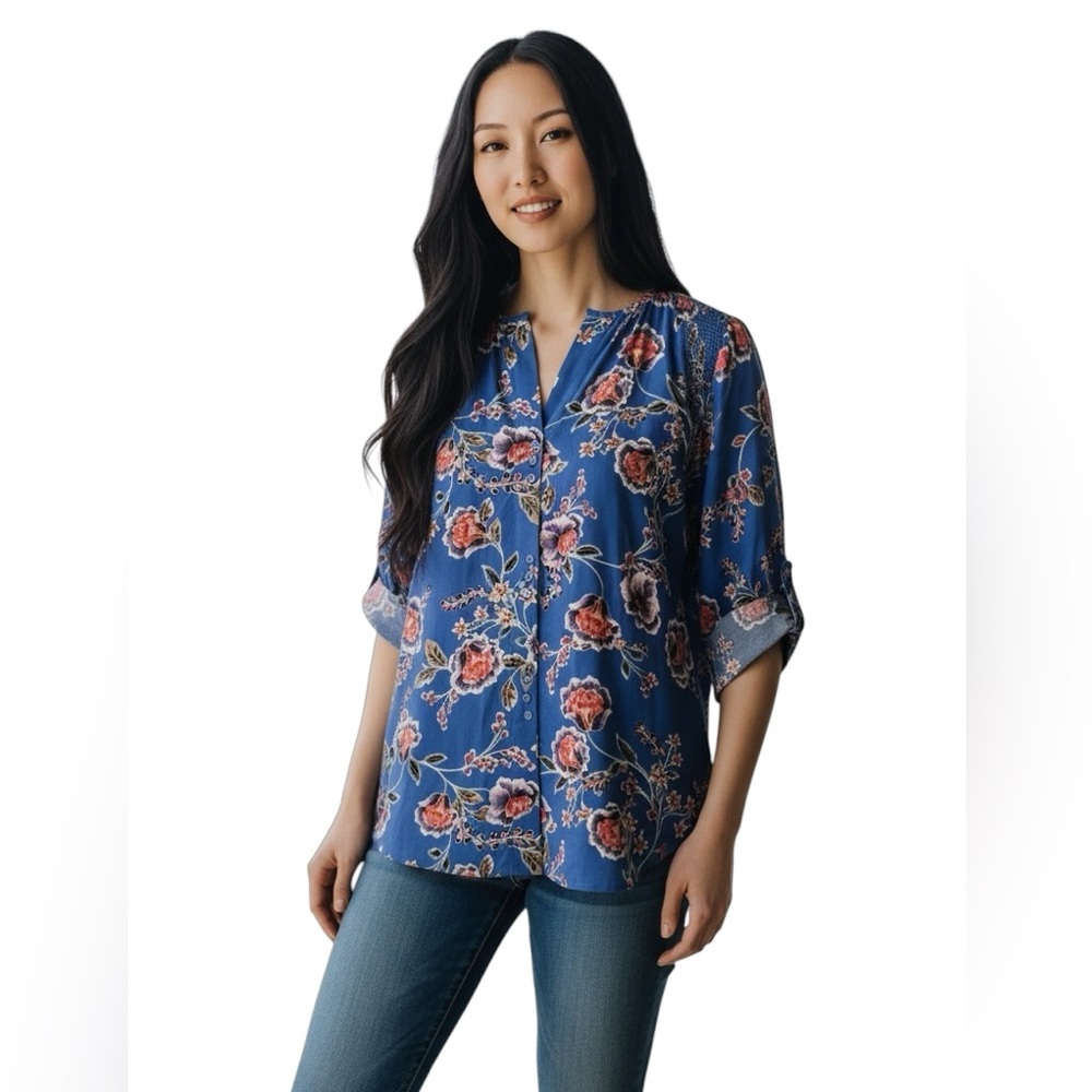 Johnny Was Silk floral boho chic corp core bohemian shirt